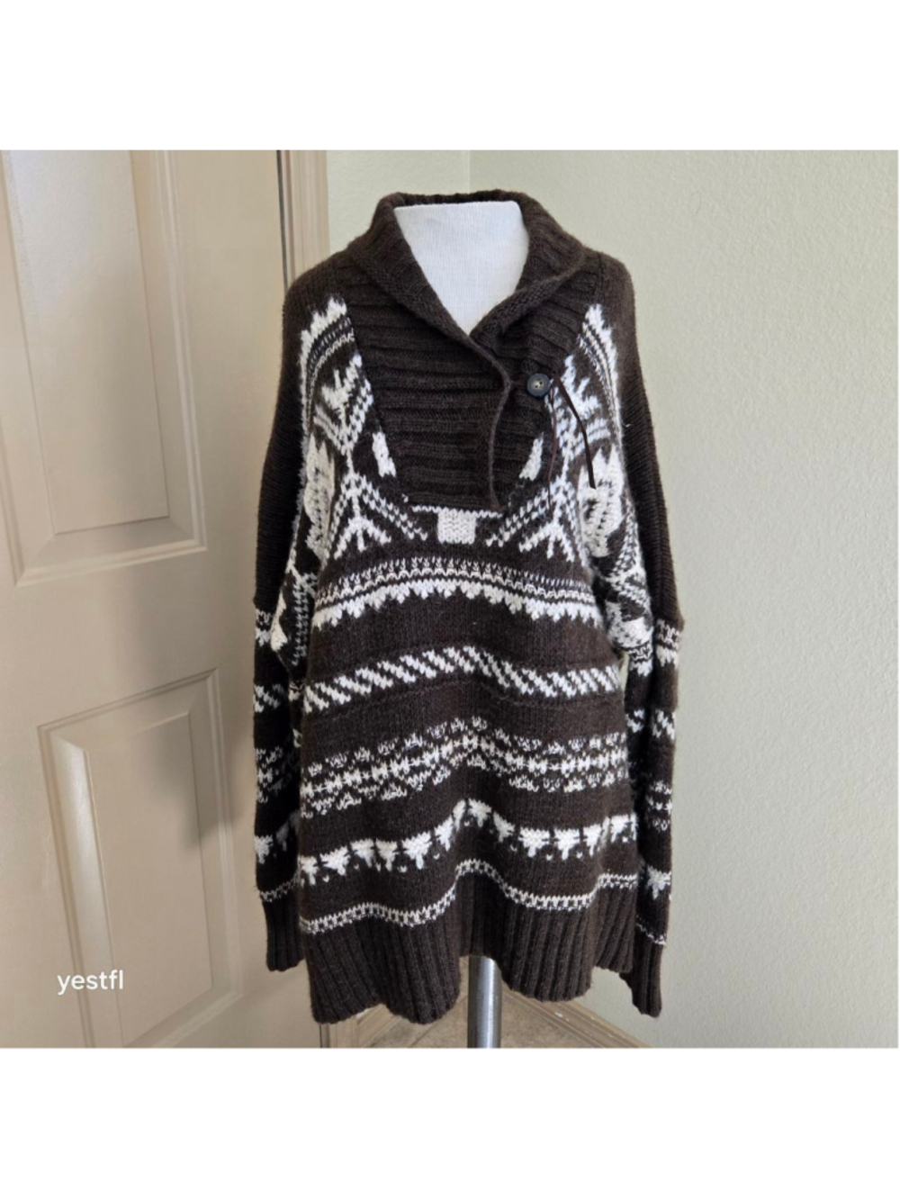 Ralph Lauren Lauren Jeans Co. Mohair Wool Blend Fair Isle Shawl Sweater L/XL